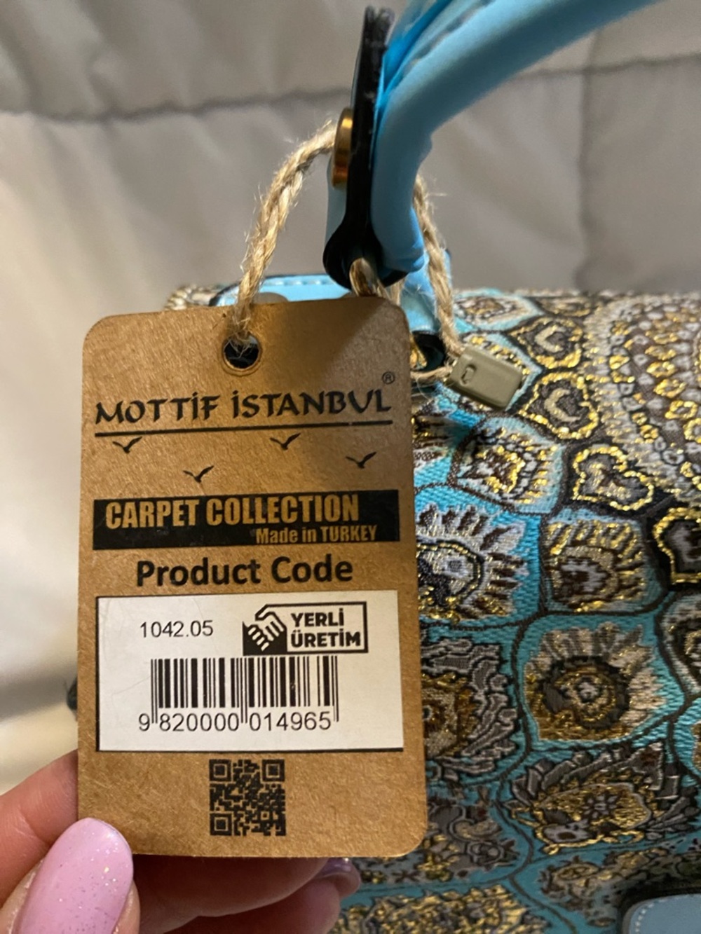 Cream and Turquoise Top-Handle Satchel with Patterned Flap - Picture 12 of 13